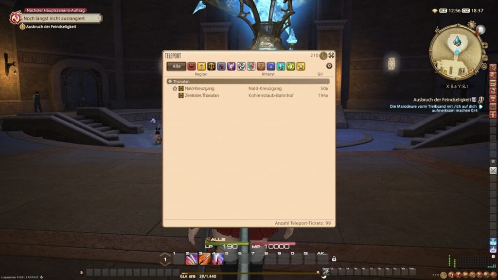 FFXIV Teleportmenü mit Favoriten und Teleport-Tickets